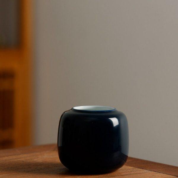 迷你陶瓷水盂 圆形青花边文房四宝小水丞茶洗陶瓷器仿古简约书法