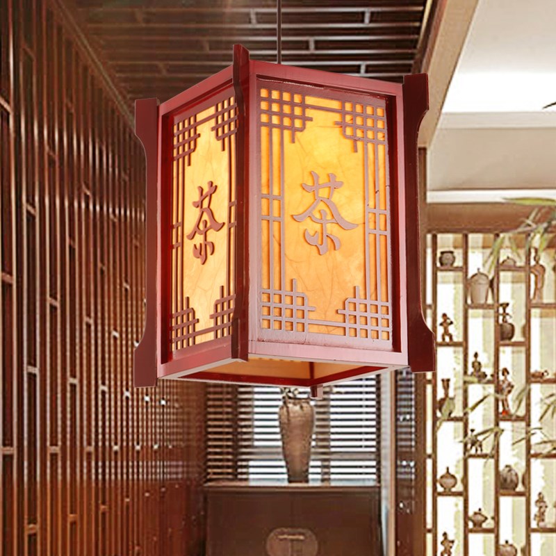 现代中式吊灯餐厅l走廊过道玄关灯仿古典实木方形茶楼饭店包厢灯