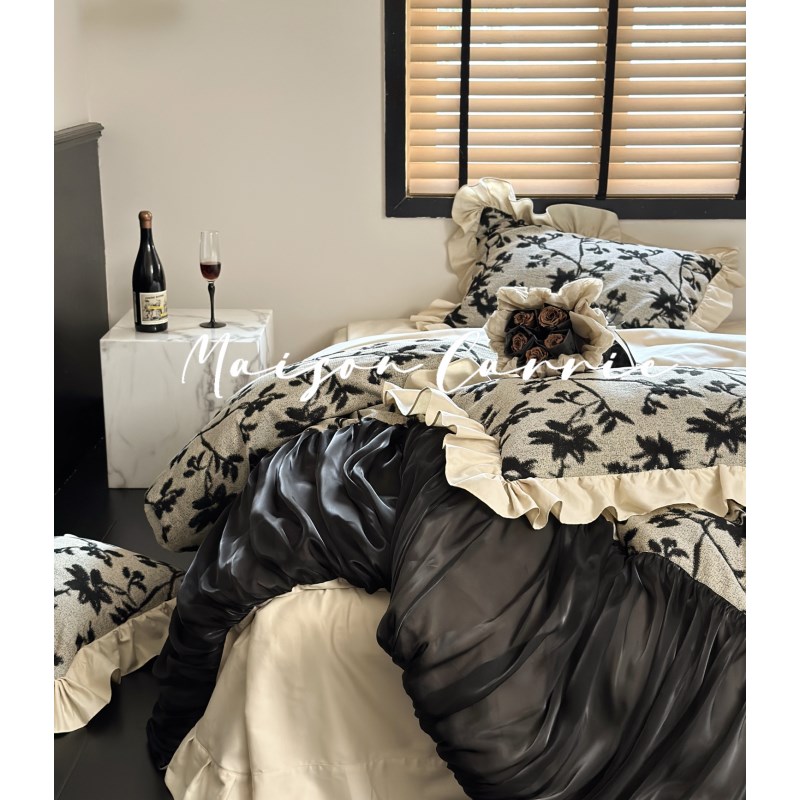 嘉里home  魅野法式s全棉磨毛床上四件套60支欧根纱花边被套床单