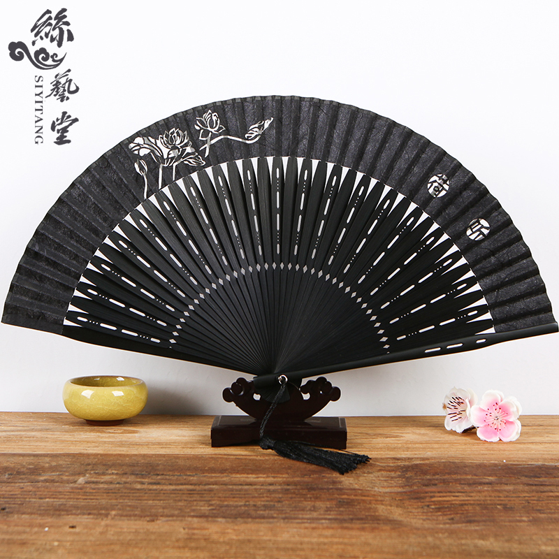 丝艺堂扇子女士纱纸剪纸折扇黑纸D扇中国风工艺品古典竹扇古代扇
