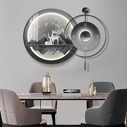 现代轻奢钟表挂钟餐厅装饰壁画大气高档麋鹿客厅背景墙表挂墙静音