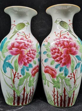 大清光绪年制重工粉彩花开富贵花鸟纹花瓶古瓷老货古典家居装饰品