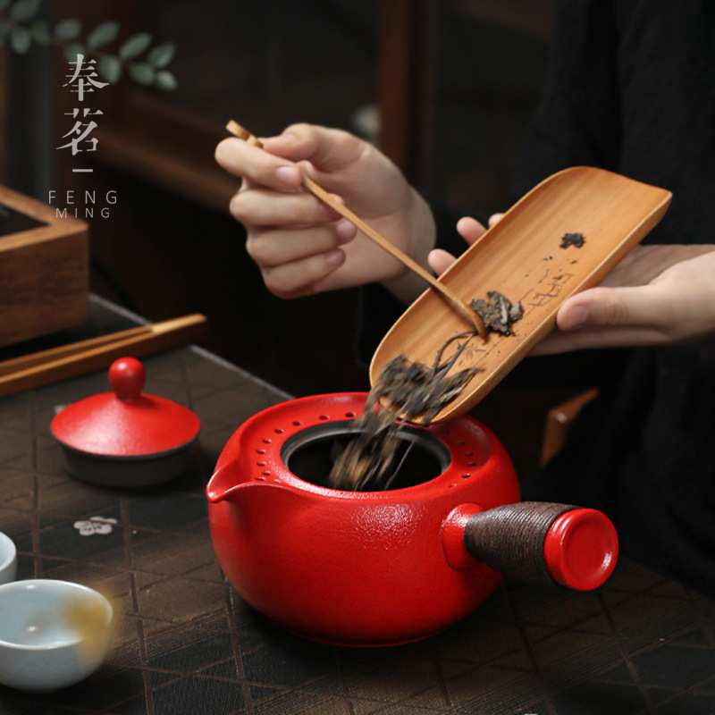 火山石煮茶壶 陶瓷套装家用陶壶烧水壶泡茶 电陶炉煮茶炉侧把红