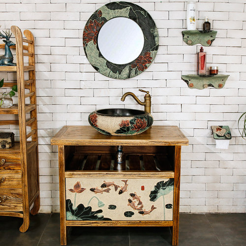 中式实木洗手台盆一体柜民族艺术洗手盆酒店洗漱台民宿特色洗手池