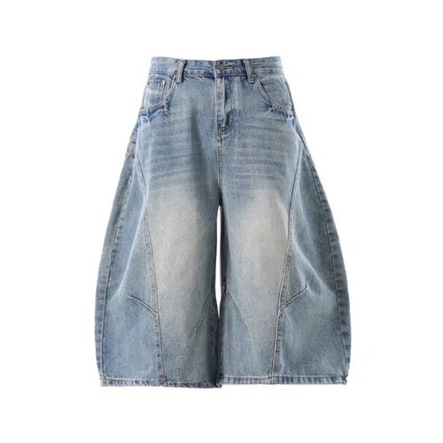 美式复古水洗牛仔弯刀七分短裤男女夏季新款宽松直筒阔腿裤子潮牌