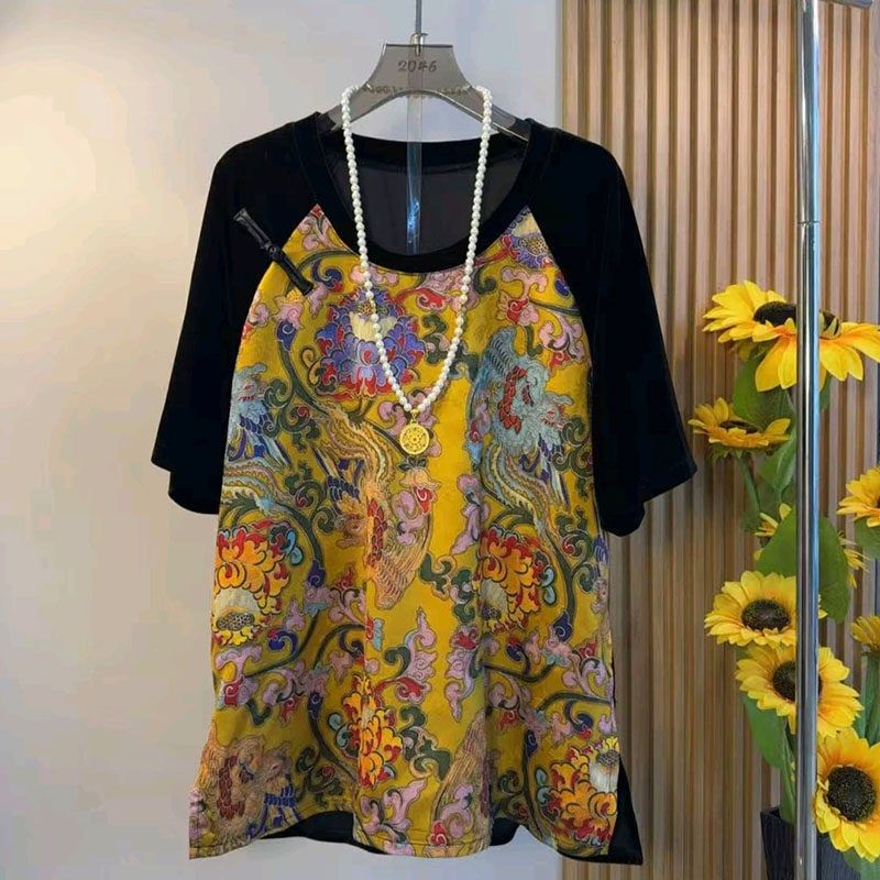 新中式大码女装 2025春夏国风盘扣丝绒锦缎提花拼色短袖T恤衫上衣