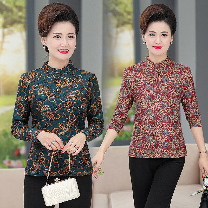 打底妈妈装春秋款立领时尚保暖显瘦小衫中老年女内搭加绒长袖t恤