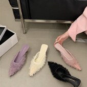 小众法式 温柔气质凉 子2025新花瓣蕾丝夏季 a细跟包头半拖鞋 仙女鞋