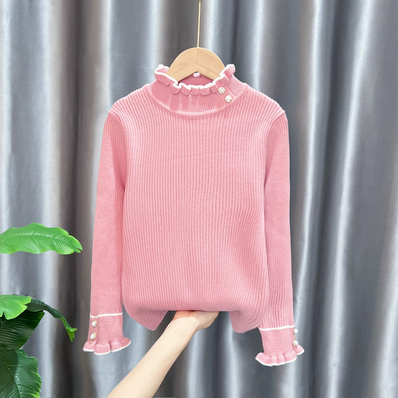 女童毛衣薄款半高领上衣秋冬儿童加绒打底洋派针织衫大童黑色毛衫