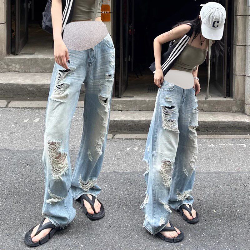 复古破洞孕妇牛仔裤春夏薄款外穿美式破烂宽松孕妇阔腿裤直筒长裤