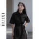 新款 HUIXI黑色法式 连衣裙女2021年夏季 绑带收腰显瘦中长裙子