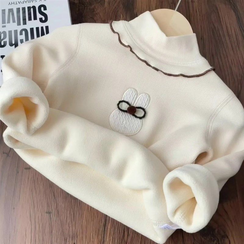 女童半高领加绒保暖打底衫宝宝冬季荷叶边一体绒内搭婴儿洋气上衣