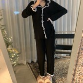 长袖 日系纯棉网红睡衣女士春秋季 休闲宽松H家居服两件套长裤 可外