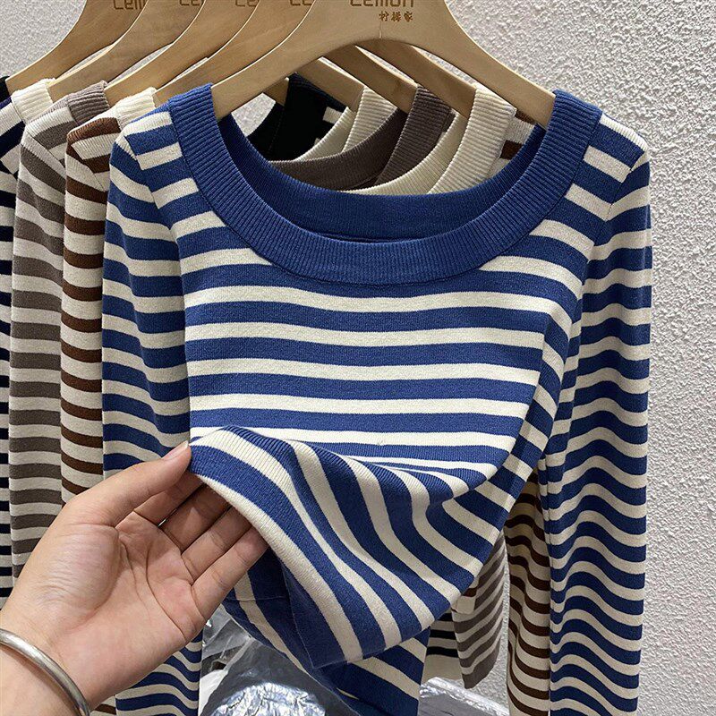 2023毛衣女春季加厚内搭打底衫复古设计感小众修身条纹针织衫上衣