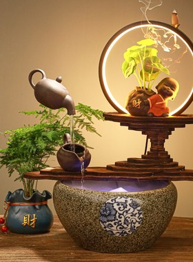 新禅意悬壶流水喷泉摆件桌面小型流水鱼缸办公室玄关招财开业礼品
