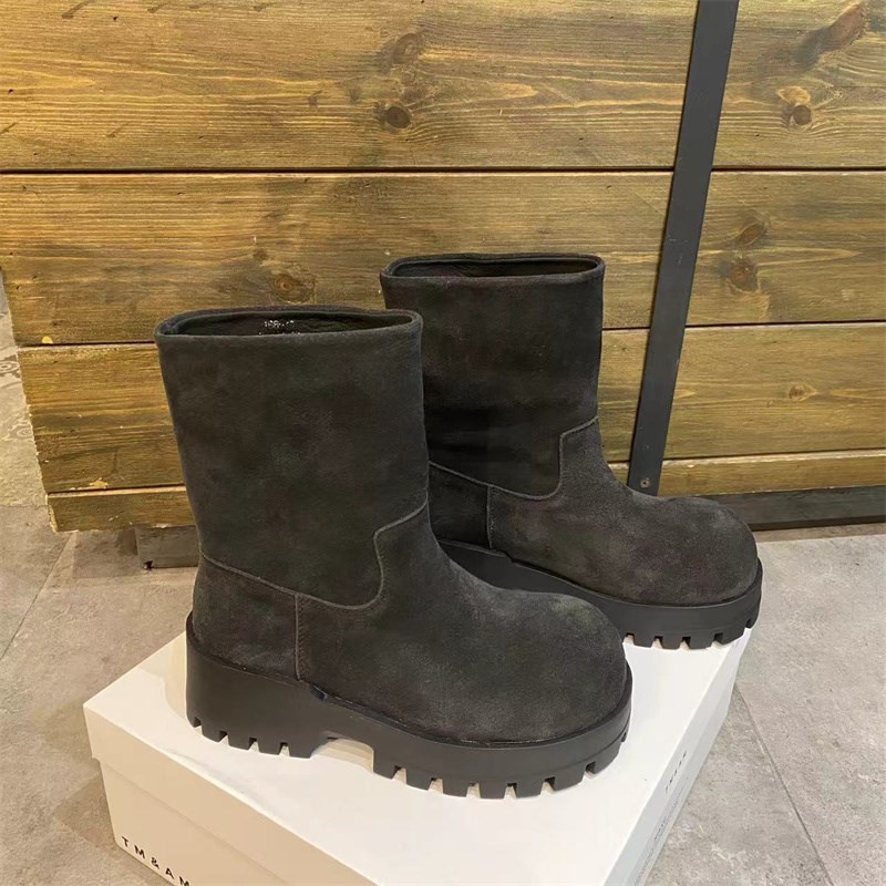 01复古磨砂皮h厚底西部短靴女2024年秋季新款青年真皮休闲靴子