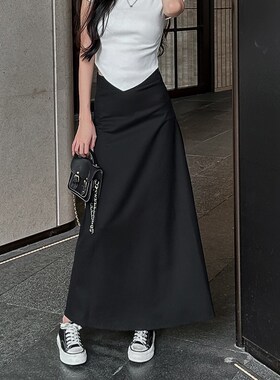 深灰色西装半身裙女高腰夏季修身显瘦长裙黑色中长款垂感A字裙子