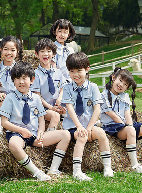 幼儿园园服夏装蓝色衬衫套装小学生英伦风校服儿童毕业照运动班服