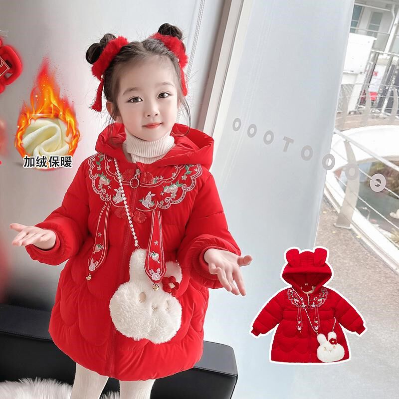 女童冬装唐装刺绣加绒棉衣外套中长款女宝宝冬季中国风拜年服加厚
