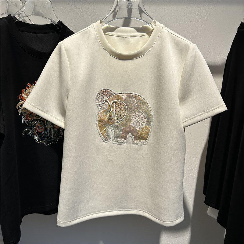2025早春新款欧货女装钉珠刺绣大象圆领短袖T恤法式小众上衣百搭