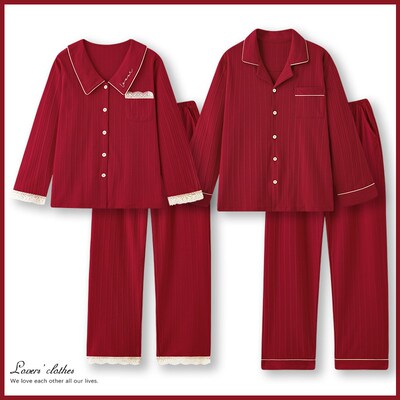红色睡衣女春秋纯棉翻领新婚结婚情侣套装本命年男U士冬季宽松大