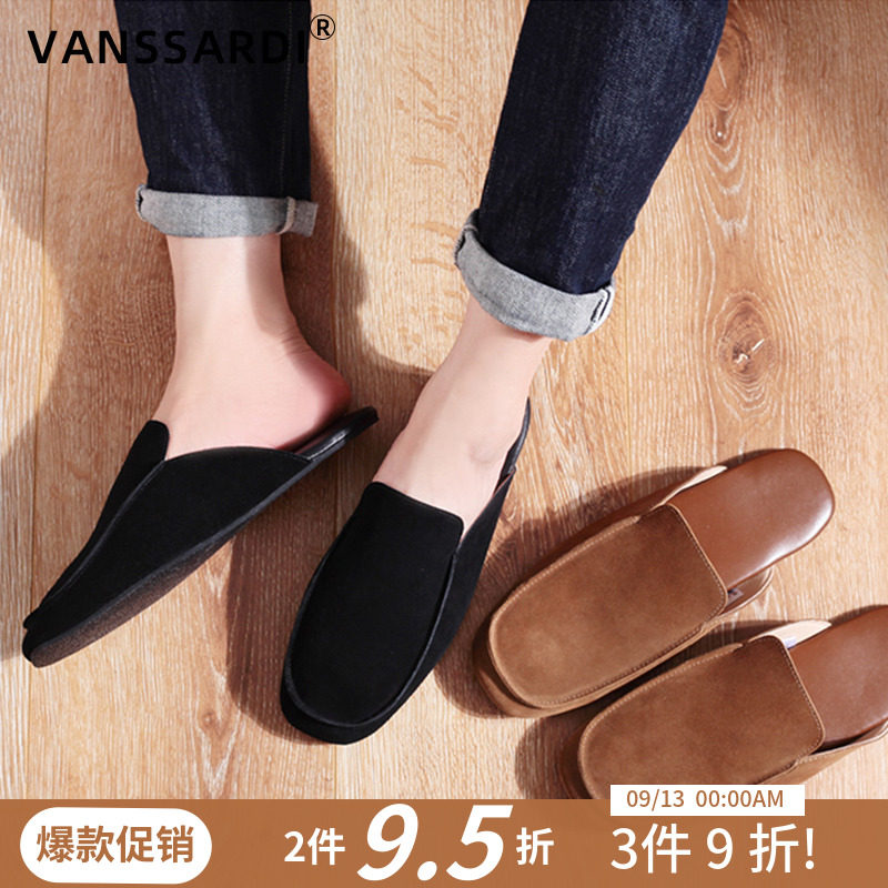 梵萨蒂新款轻奢复古羊皮拖鞋室内春秋家居男女牛皮不臭脚家用拖鞋