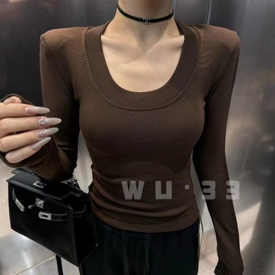 wu33冬季新款韩版U领长袖羊绒磨毛打底衫露锁骨垫肩修身T恤女上衣