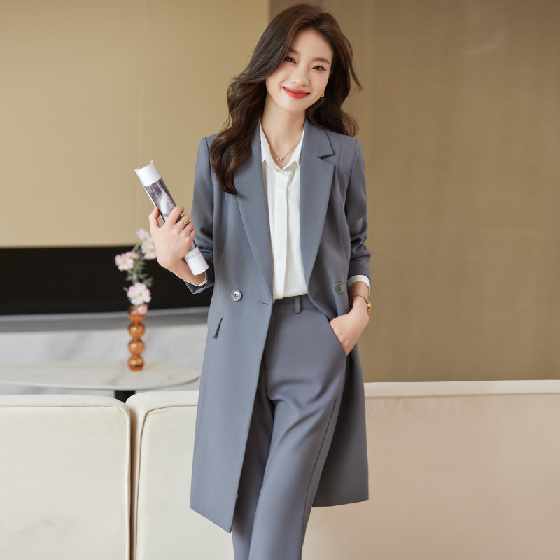 灰色风衣外套女2024新款职业装工作服秋冬季小个子中长款西装大衣图片