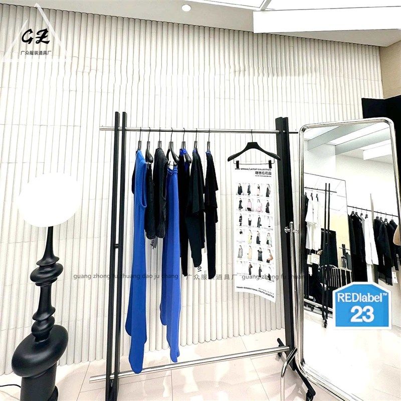 服装店展示架黑色不锈钢落地架女装店带轮可移动陈列架女装挂衣架