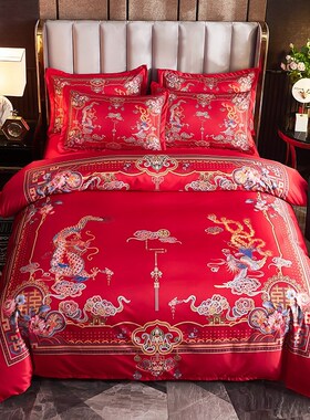 大红色婚庆结婚四j件套床上用品1.5m18米床单被套新婚卡通龙凤套