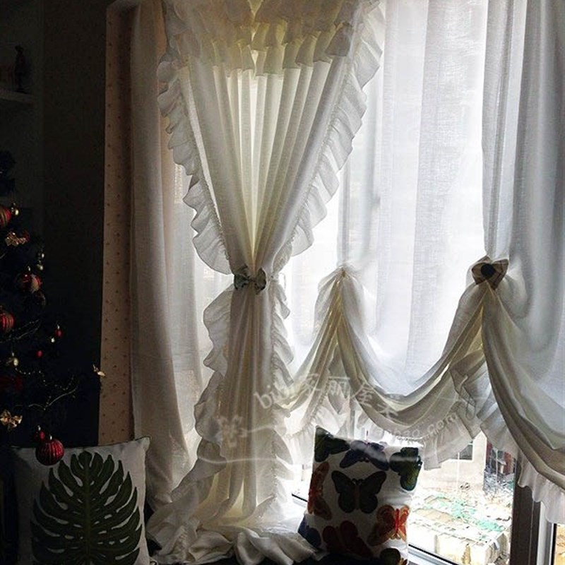 纯白法式浪漫公主荷叶边飘窗卧室客厅窗帘升降帘 免加工费定制