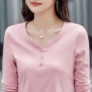 V领扣子纯棉长袖t恤女短款大码宽松鸡心领妈妈装秋衣中老年打底衫