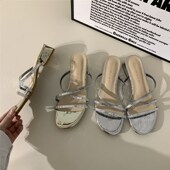 粗跟一字拖鞋 仙女鞋 子2024年新款 法式 夏季 外穿高级感Y凉拖水钻凉