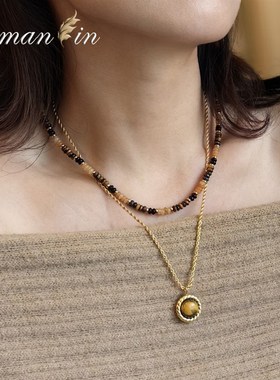 天然石串珠双层项链百搭美拉德女锁骨链虎眼石叠戴高级感毛衣链