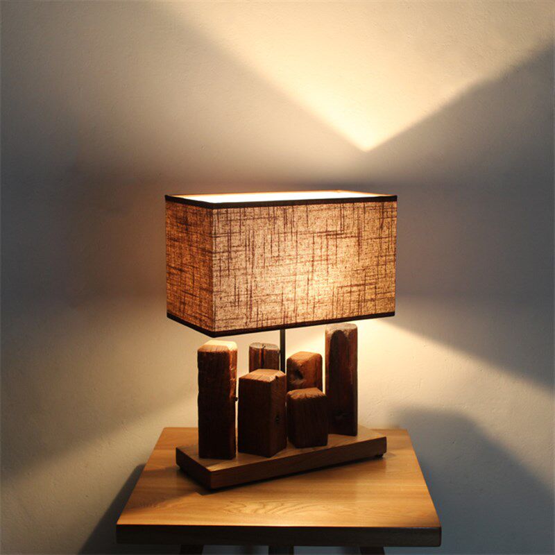 创意民宿卧室实木台p灯风化木制灯具特色手工布艺台式护眼床头灯