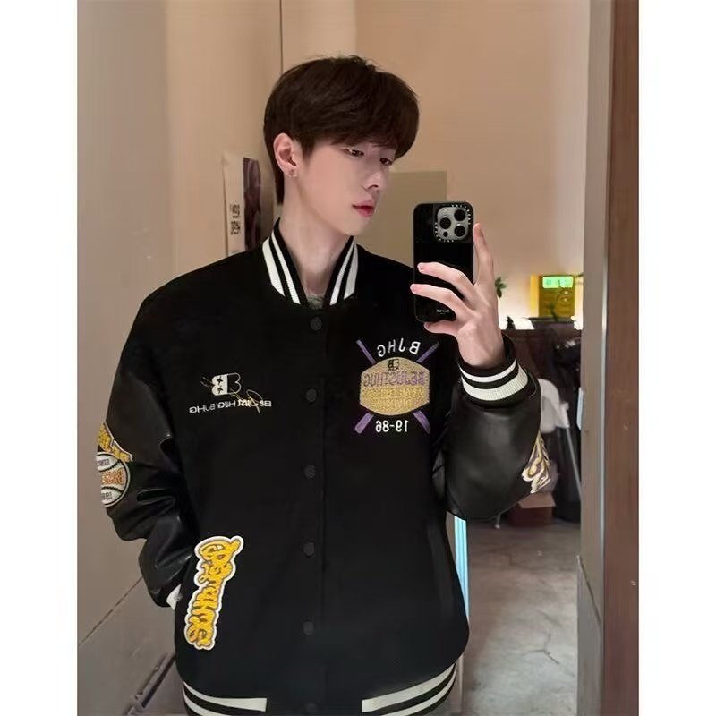 美式潮牌vibe棒球服男款春秋字母植绒刺绣外套pu皮拼接袖飞行夹克