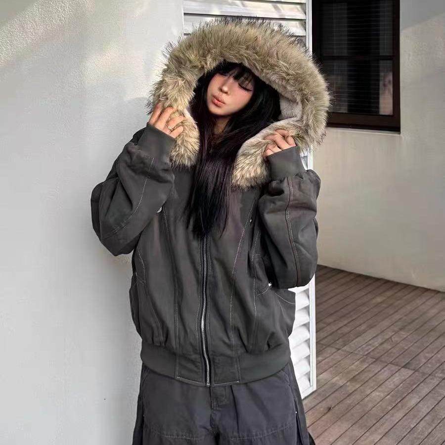 派克服短款羽绒棉服女仿兔毛大毛领连帽棉衣2025冬外套美式复古