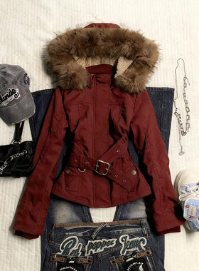 复古红色vintage毛领连帽外套女秋冬季新款设计感小众派克服上衣