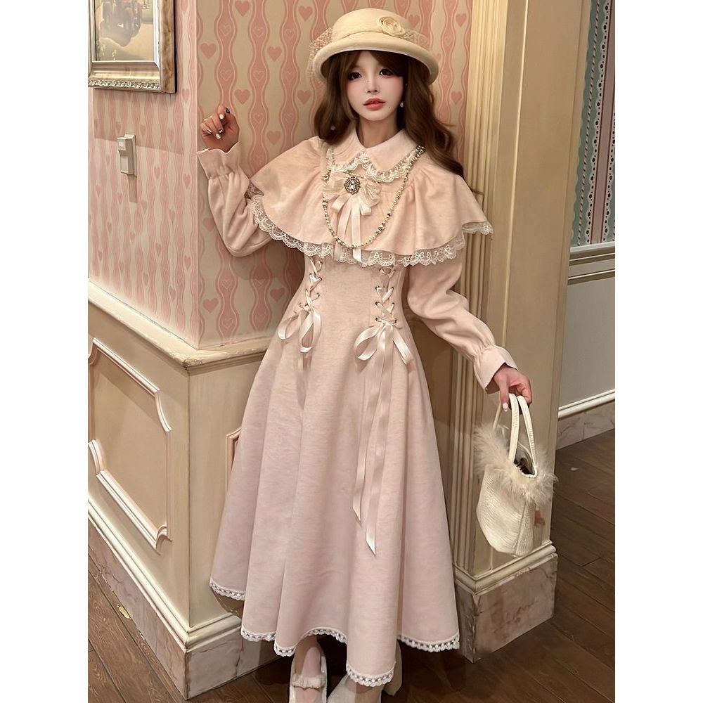 森女系原创想去海边 朦朦粉海 秋冬清楚系毛呢外套加厚连衣裙