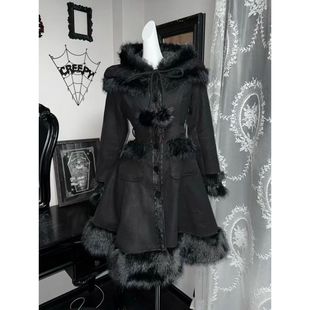 黑化魔女 日系暗黑哥特Lolita毛绒绒中长款毛呢大衣冬季新款外套