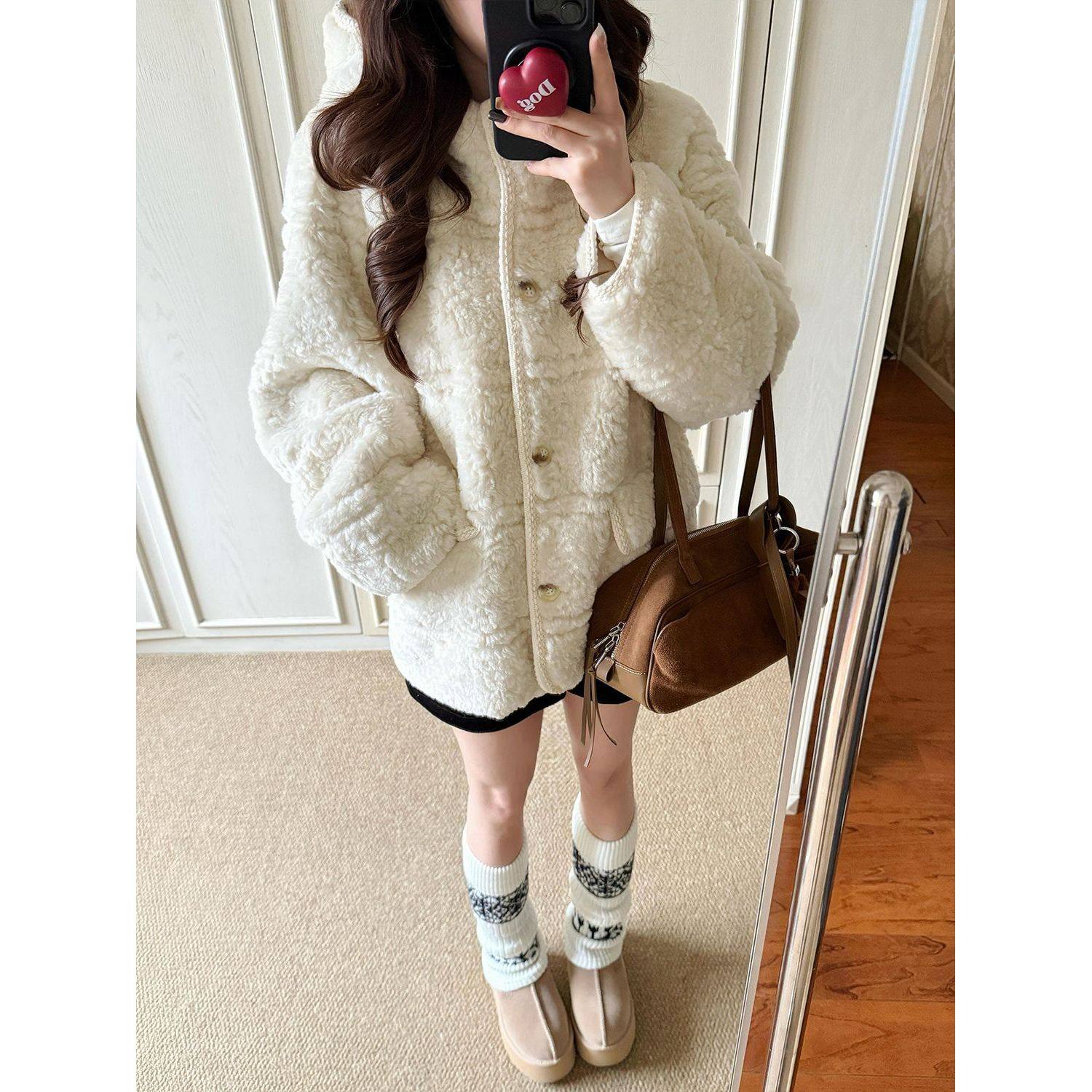 韩系休闲慵懒风羊羔毛连帽外套女冬季新款百搭宽松保暖毛呢大衣,女装/女士精品,毛呢外套,淘宝优惠券,粉丝福利购,淘宝优惠卷