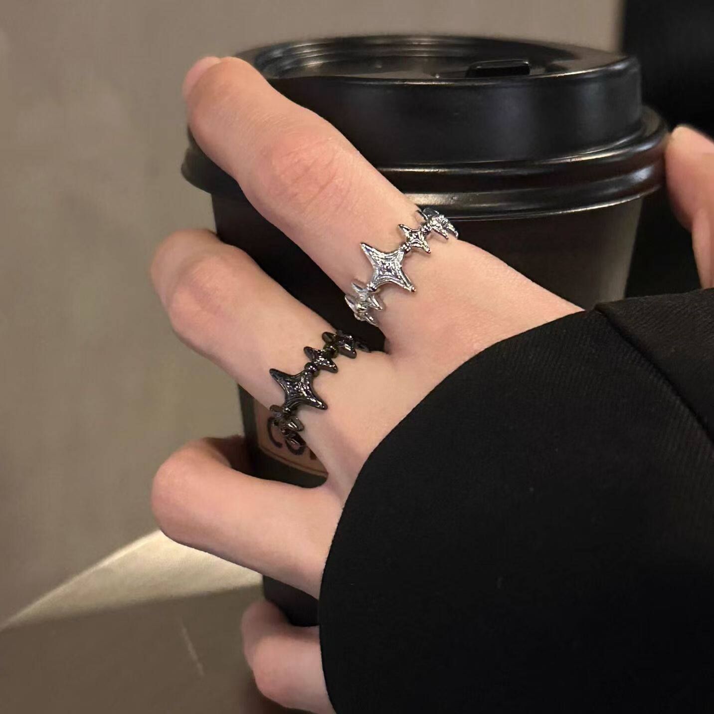 高颜值暗黑锆石十字架开口情侣对戒指冷淡风复古小众高级百搭简约