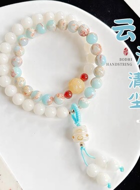 国潮新中式招财猫双圈手链女小众设计感情侣古风莲花手串串珠礼物