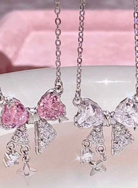 粉色锆石蝴蝶结项链小众气质感