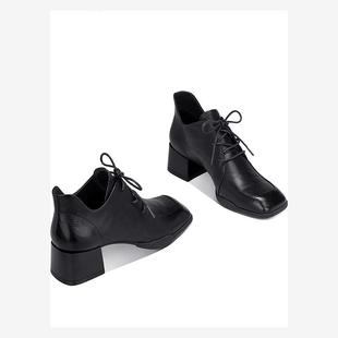 中跟鞋女系带方头深口小皮鞋2025新款春秋粗跟真皮不累脚通勤单鞋