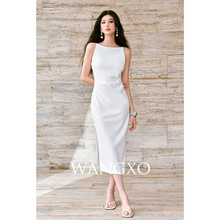 WANGXO｜TR乱麻针织|骨感立裁手工捏褶|一字领侧开 叉吊带裙