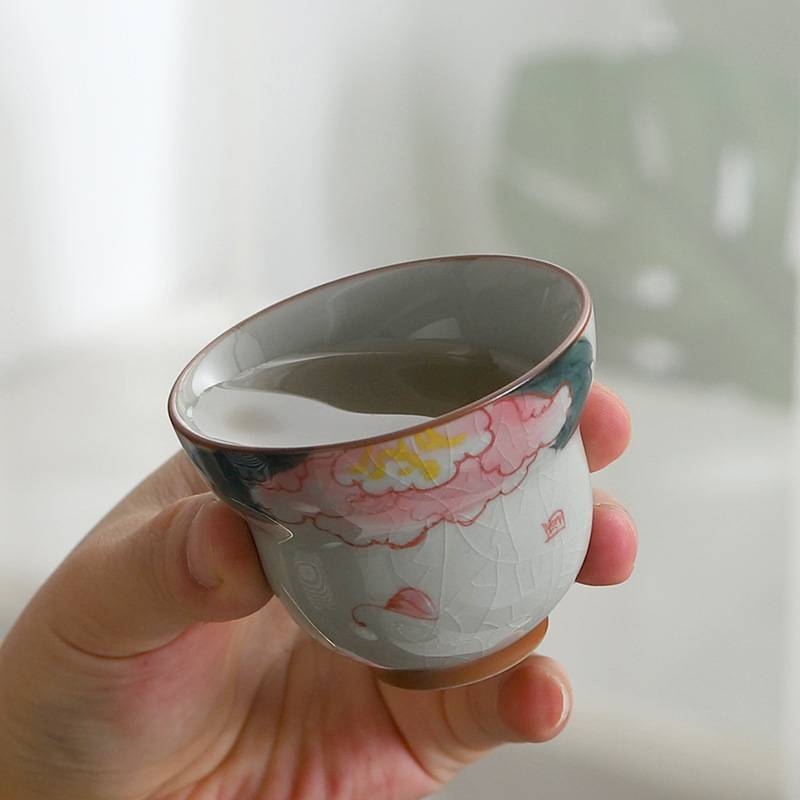 哥窑釉下彩手绘牡丹提梁壶茶具套装家用户外旅行组合家用泡茶壶礼