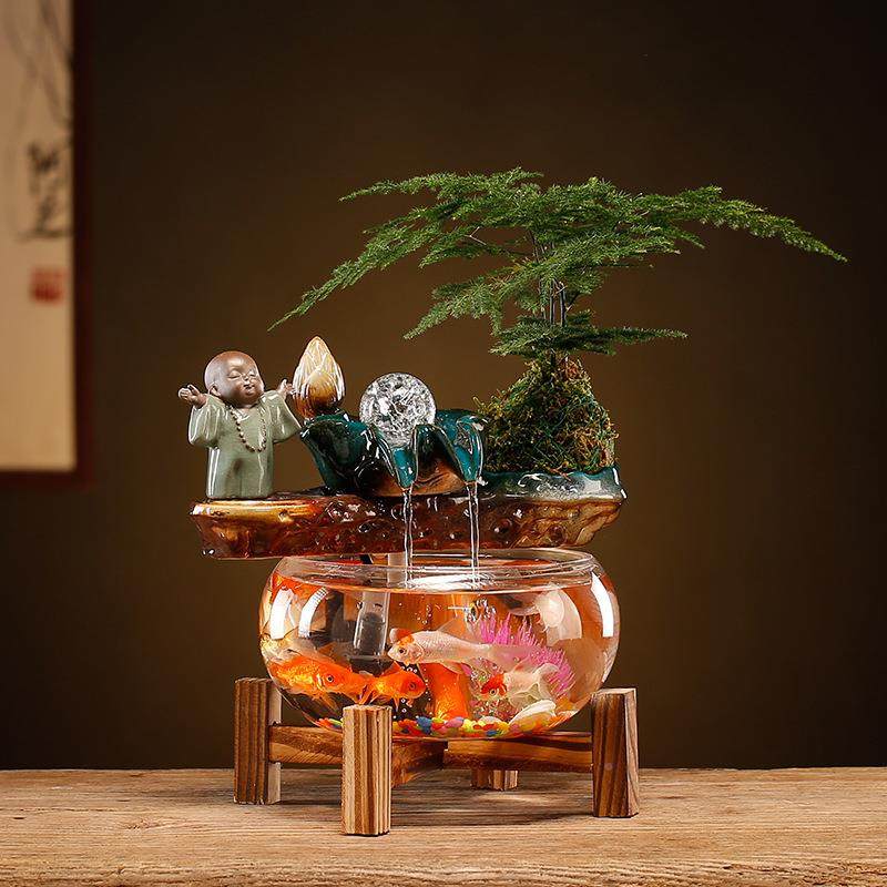 创意流水摆客件厅书房办公带室NHO式灯圈小型家用透明生财鱼缸中,家居饰品,流水摆件,淘宝优惠券,粉丝福利购,淘宝优惠卷