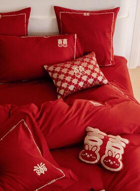 现代简约100支红色FT44164结婚四全件纯棉套磨毛喜字婚庆套棉床上