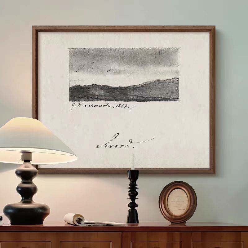 素描远山》法式复古黑白风景装饰画客餐厅中古风美式玄关艺术挂画
